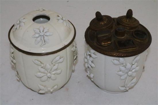 A pair of Saint-Cloud porcelain pots and one cover, mid 18th century height 11.5cm (4.5in.)